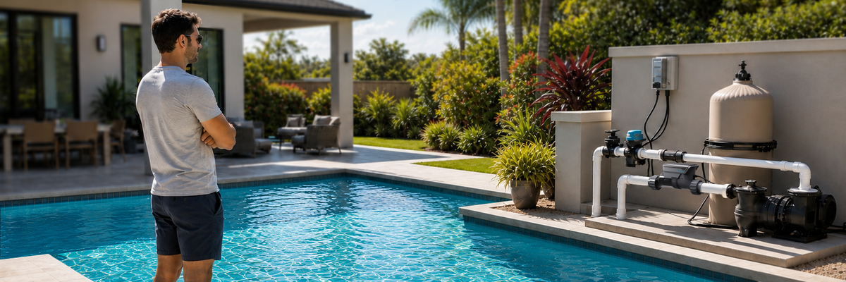 TROXLLY salt chlorinator beside a residential pool