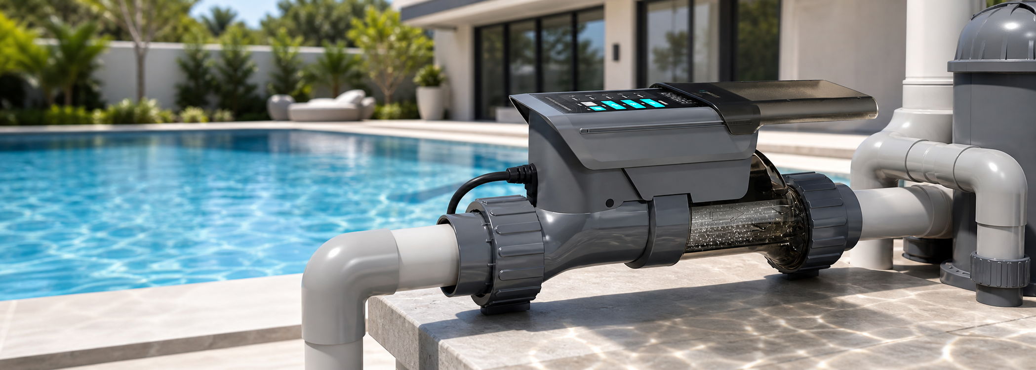TROXLLY salt chlorine generator beside a swimming pool