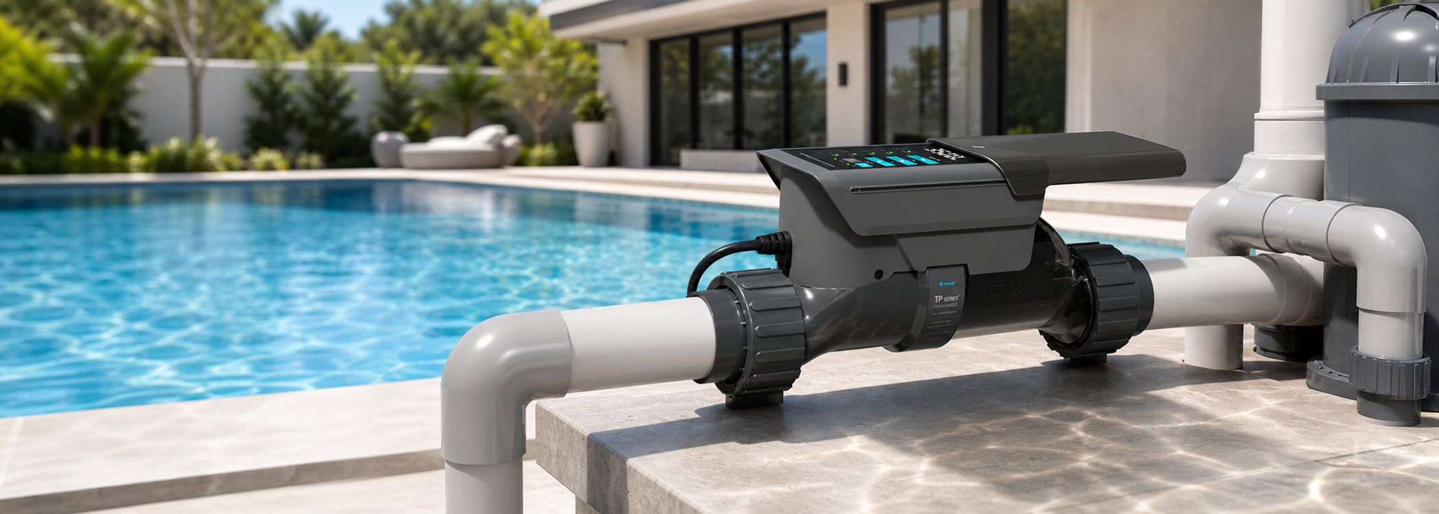 TROXLLY salt chlorine generator beside a swimming pool