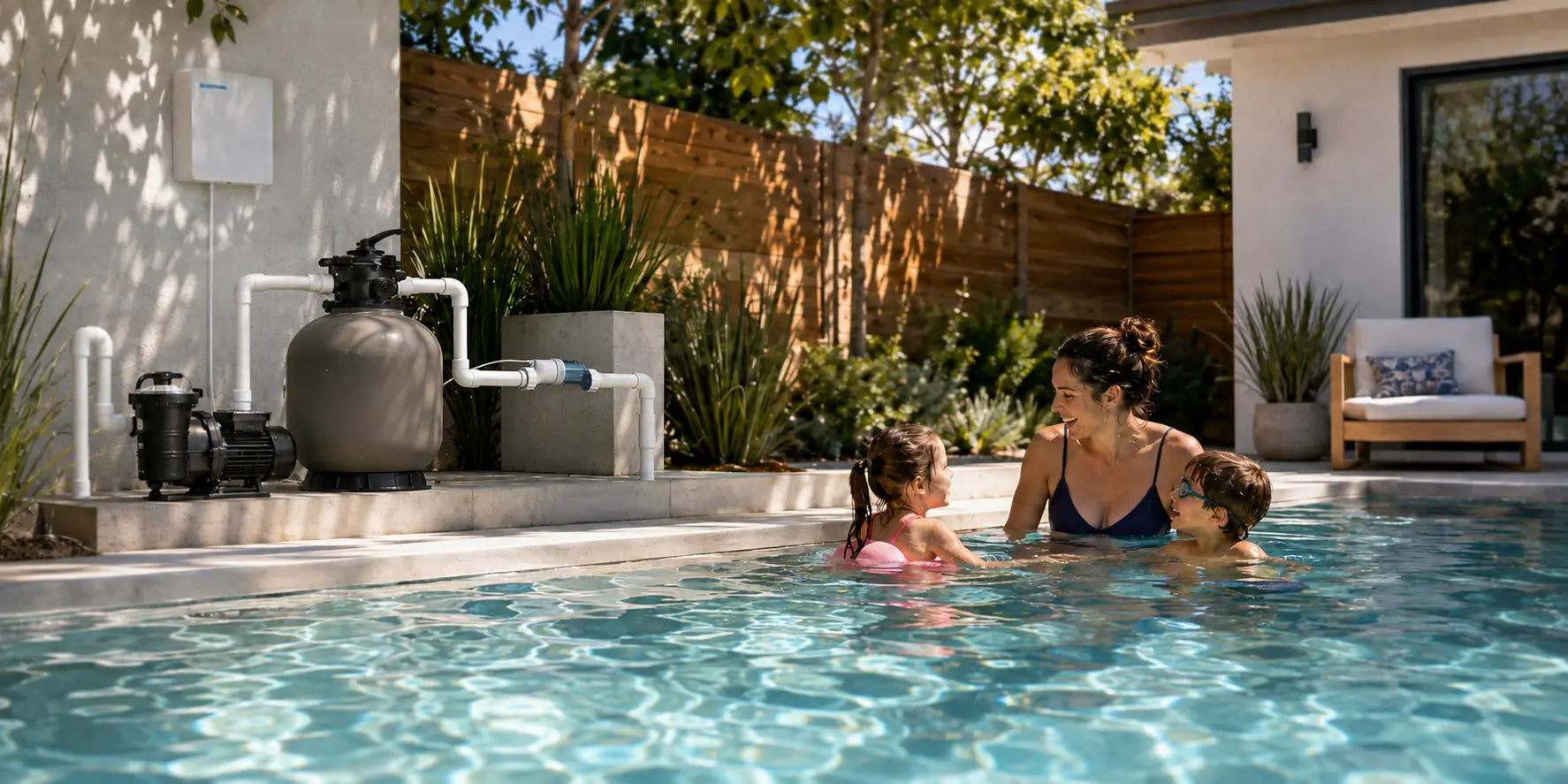 TROXLLY salt chlorine generator beside a swimming pool