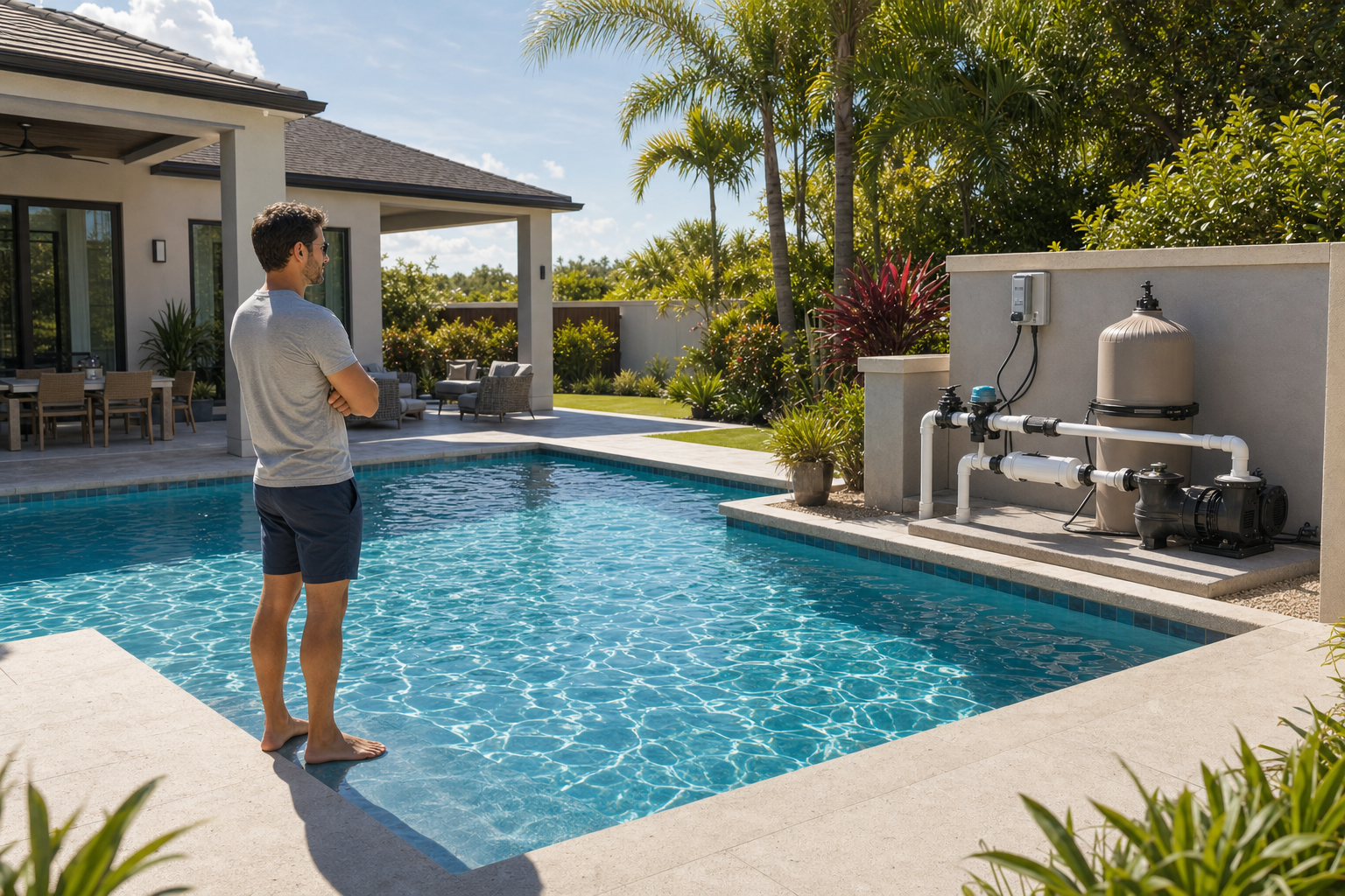 TROXLLY salt chlorinator beside a residential pool